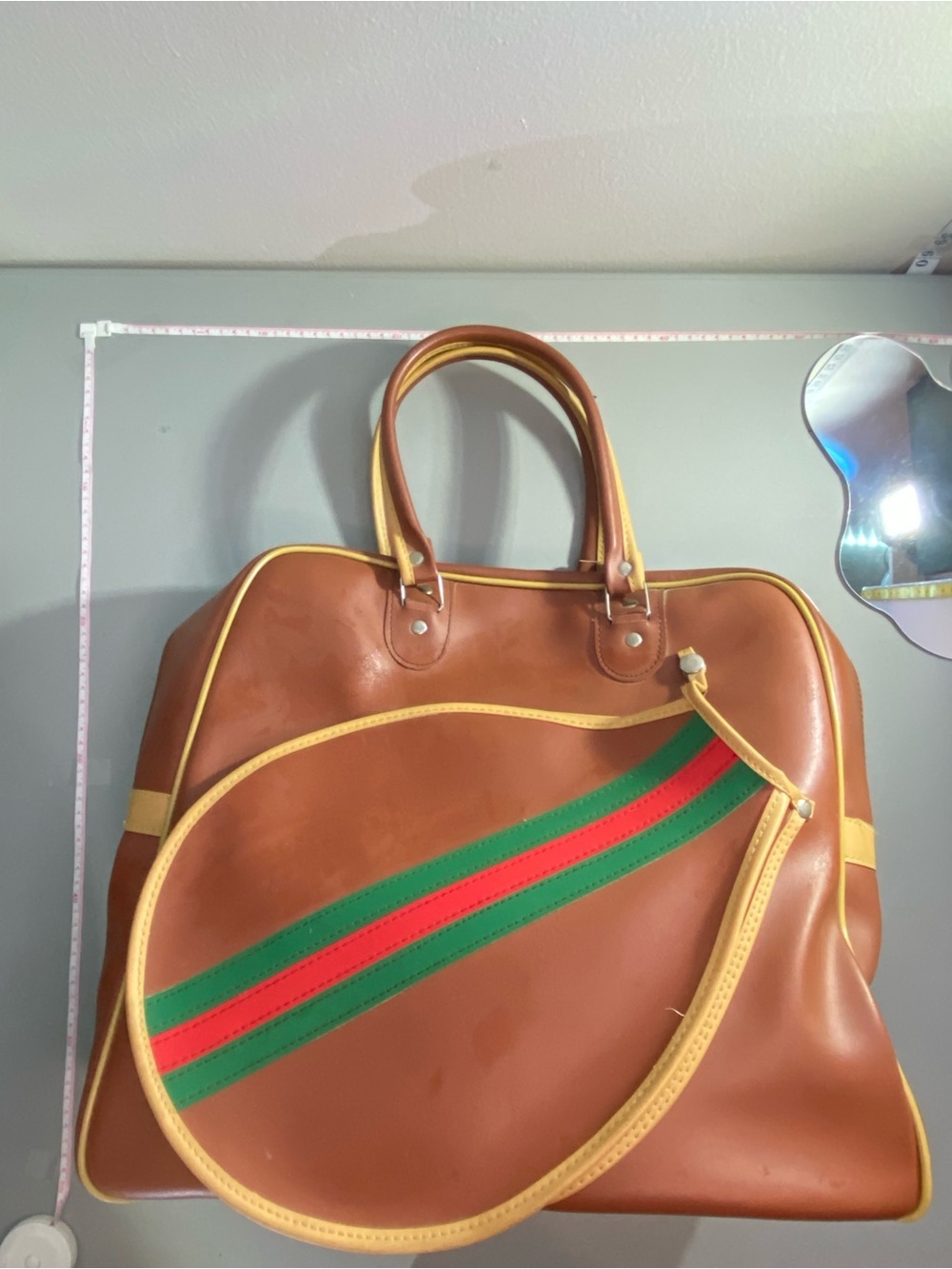 Tennis Bag Brown Leather Duffel Bag with Green and Red Stripe Rare